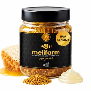 Premium βάζο Hive Power Melifarm με μείγμα μελιού, κηρήθρας, νωπής γύρης και βασιλικού πολτού.