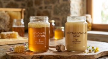 Δύο βάζα μέλι Melifarm σε ρουστίκ ξύλινη επιφάνεια. Το αριστερό βάζο περιέχει ρευστό αγνό μέλι ανθέων, ενώ το δεξί βάζο περιέχει φυσικά κρυσταλλωμένο μέλι, δείχνοντας τη διαδικασία της κρυστάλλωσης. Δίπλα τους υπάρχει κηρήθρα και ξύλινος αναδευτήρας.